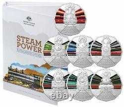 2022 STEAM POWER TRAIN 50c COIN Complete set of 7 Steam Train coins with folder