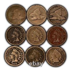 9-Coin CN Small Cent Complete Set 1857-1864 Flying Eagle Indian 1c SKU-U2350