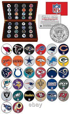 NFL FOOTBALL LOGO U. S. JFK Half Dollar Complete 32-Coin Cherry Wood Box Set
