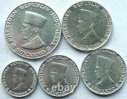 Riau 1962 Sukamo Complete Set of 5 Coins, UNC, Rare