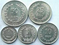 Riau 1962 Sukamo Complete Set of 5 Coins, UNC, Rare