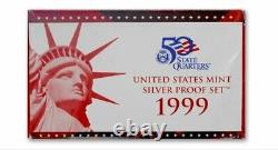 Ensemble complet de 10 pièces de preuve en argent des États-Unis de 1999. Comprend la boîte extérieure et le certificat d'authenticité.