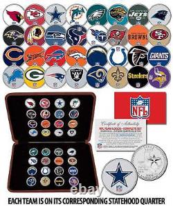 Ensemble complet de 32 pièces colorées représentant les logos des équipes de la NFL avec une boîte d'affichage