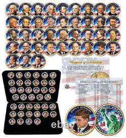 Ensemble complet de 39 pièces de 1 dollar colorisées représentant les présidents américains avec boîte.