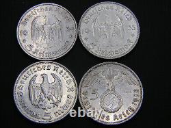 Ensemble complet de 4 pièces rares en argent véritable de 5 Reichsmark allemand avec grand aigle.