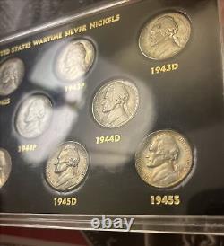 Ensemble complet de nickels de guerre des États-Unis de 1942 à 1945, tonifié, ensemble complet de 35% de pièces d'argent des États-Unis, non circulées