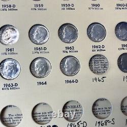 Ensemble complet de pièces de dix cents Roosevelt en argent 1946-1964 dans un classeur de pièces de monnaie vintage. AU-BU