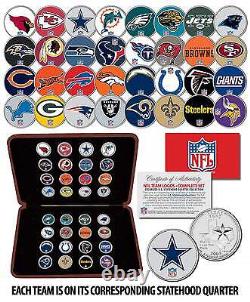 Ensemble complet de pièces de monnaie colorisées des États américains avec les logos des équipes de la NFL - Ensemble de 32 pièces avec boîte d'exposition.