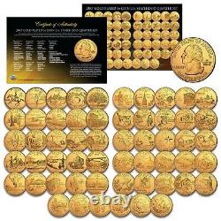 Ensemble complet de toutes les 56 pièces de 25 cents commémoratives des États-Unis de 1999-2009 plaquées or 24 carats