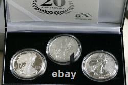 Ensemble de 3 pièces commémoratives du 20e anniversaire de l'Aigle américain en argent de 2006 avec boîte et étui complet