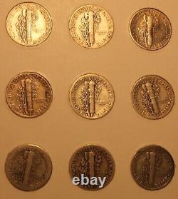 Ensemble de pièces de dix cents Mercury presque complet de 1916 à 1945 (pas de 16-D, 21, 21-D) avec quelques pièces en AU/BU