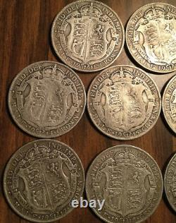 Presque ensemble complet de 8 pièces de demi-couronne en argent du Royaume-Uni de 1911 à 1919
