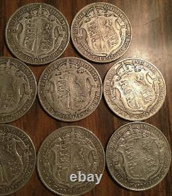 Presque ensemble complet de 8 pièces de demi-couronne en argent du Royaume-Uni de 1911 à 1919