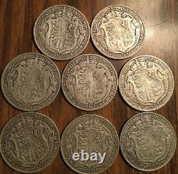 Presque ensemble complet de pièces de demi-couronne en argent du Royaume-Uni de 1911 à 1919